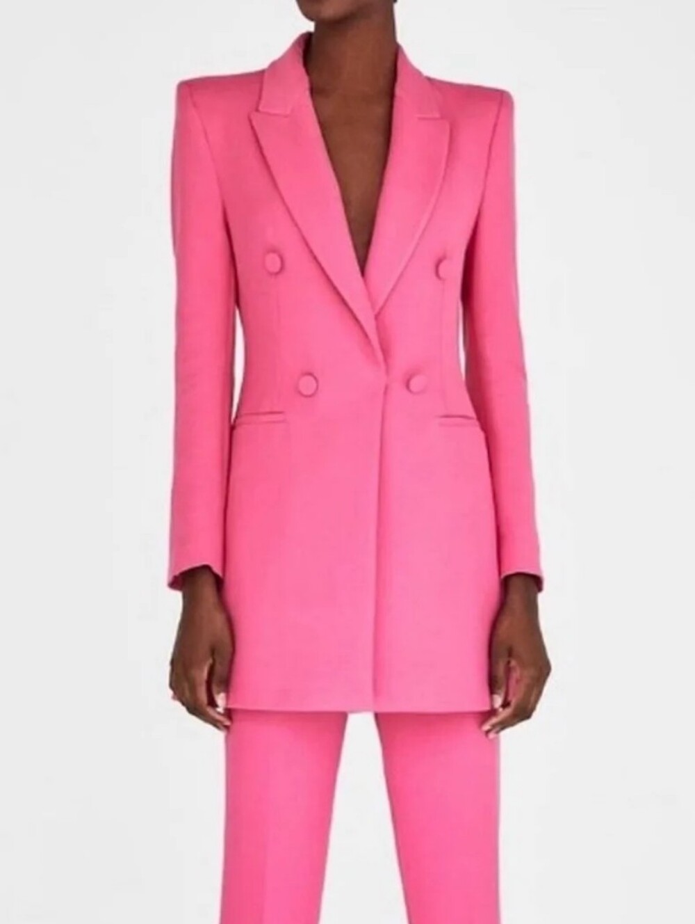 ZARA Set Tailored long blazer shoulder pads + HIGH-WAIST Pants Sz M Pink Nwt